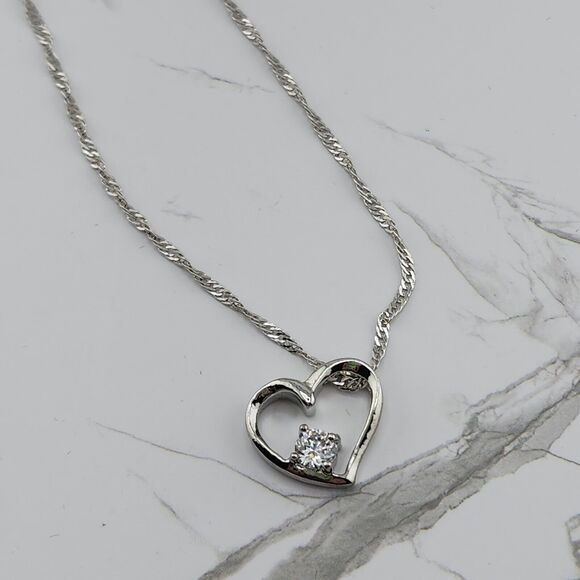 Sterling Silver Plated CZ Heart Pendant, Sterling Silver Chain Necklace 18" - Picture 3 of 7